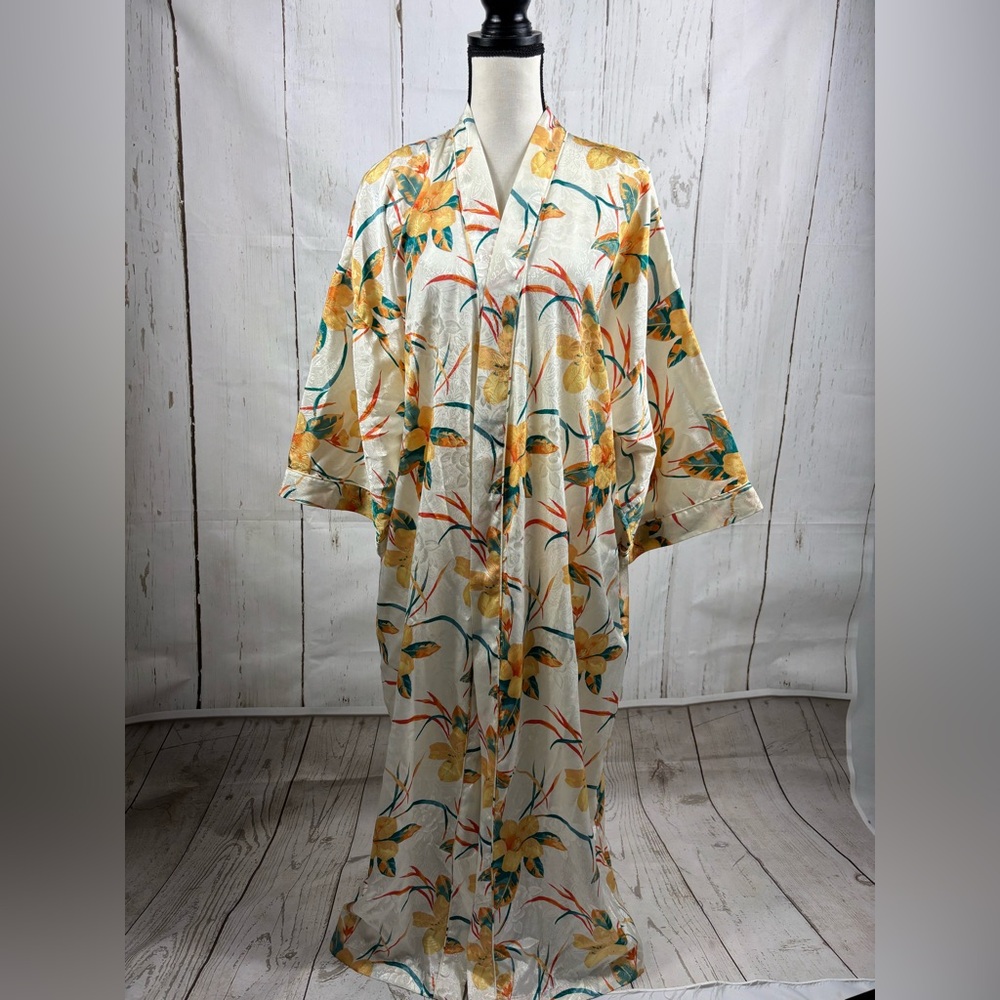 Vintage Valerie Stevens Lily Floral Satin Kimono Robe Long